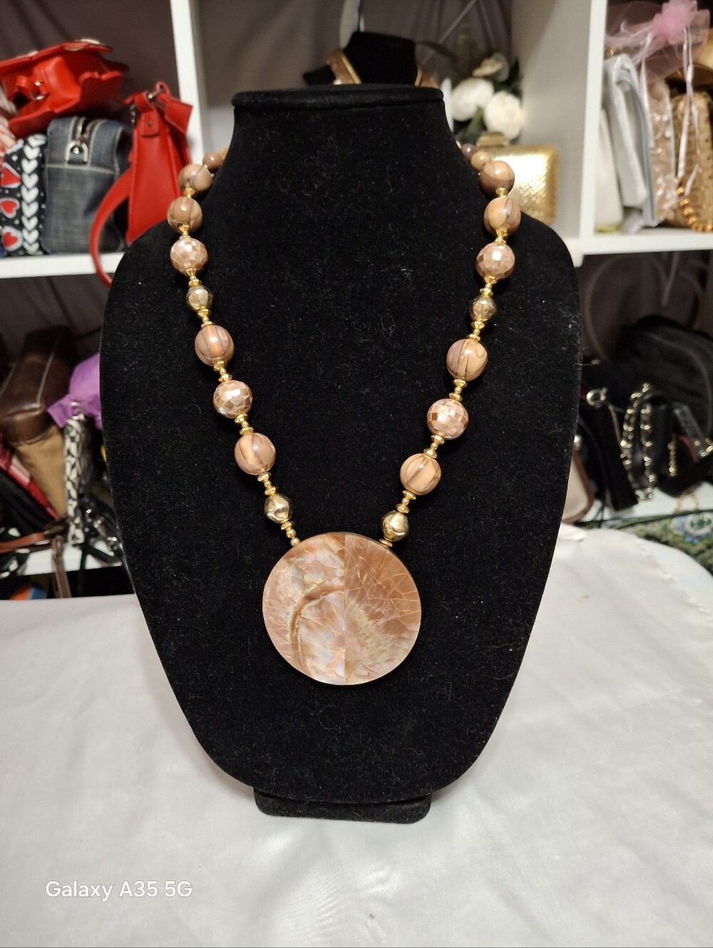 Vintage MOP medallion disc and mosaic beaded necklace